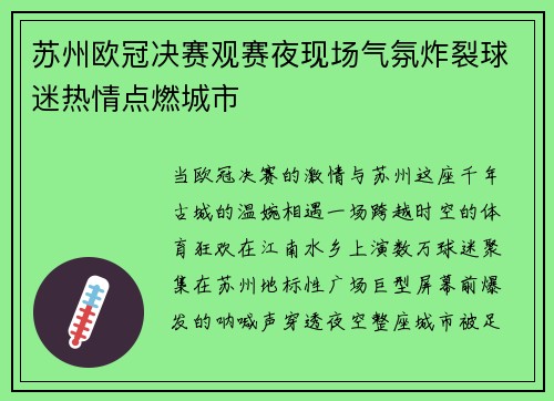 苏州欧冠决赛观赛夜现场气氛炸裂球迷热情点燃城市